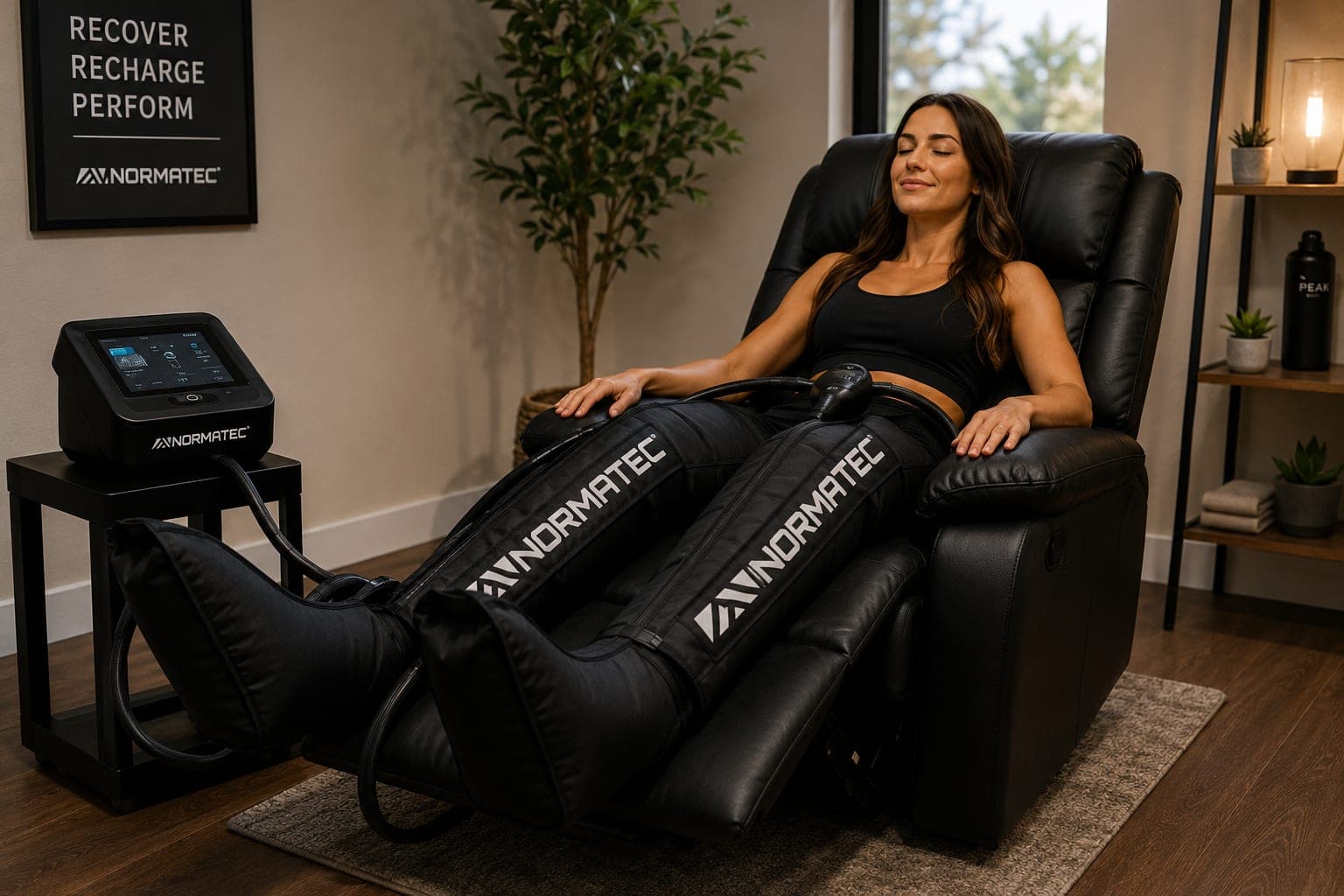 A patient reclined with Normatec compression boots running on both legs